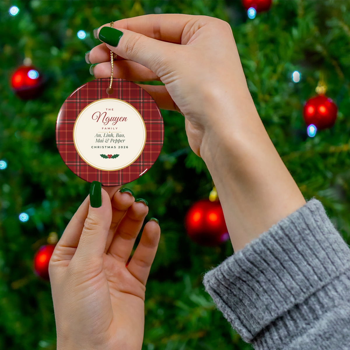 The Cranberry Plaid Family Ornament